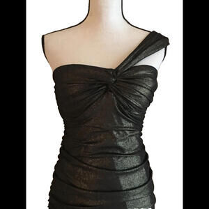 👗⚫️🩶Cache Formal Evening Cocktail Dress S 8 Padded Bust Metallic Black Gold